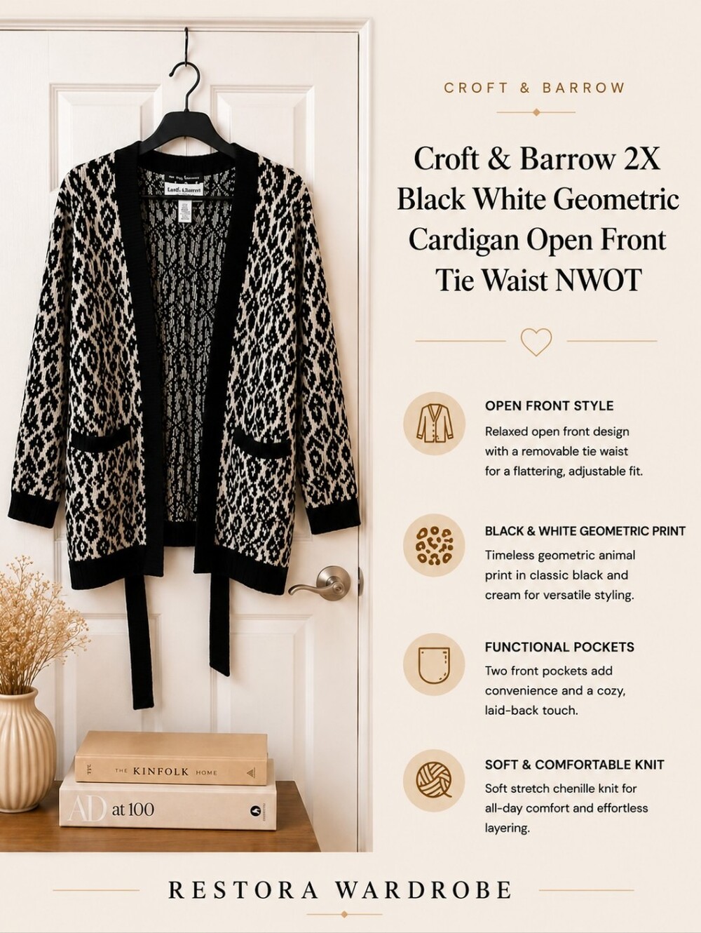 Croft & Barrow 2X Black White Geometric Open Front Belted Cardigan NWOT